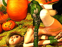 picture #3 ::: Pumpkin monster with a huge herbal cock fucks a 3D teen